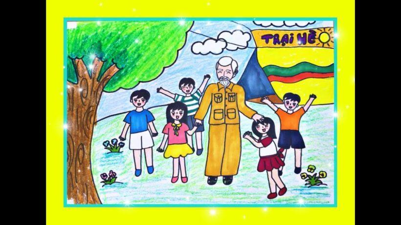 Vẽ tranh Bác Hồ cùng thiếu nhi vui chơi trong trại hè