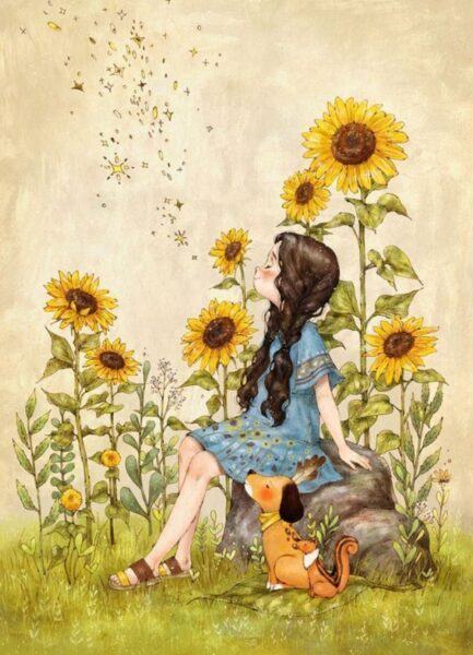 Vẽ bức tranh cô gái trong vườn hoa hướng dương