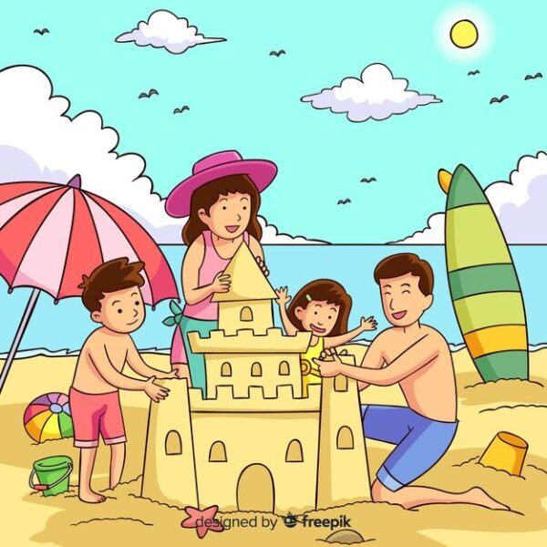 vẽ tranh chủ đề gia đình đi biển đơn giản tự chọn