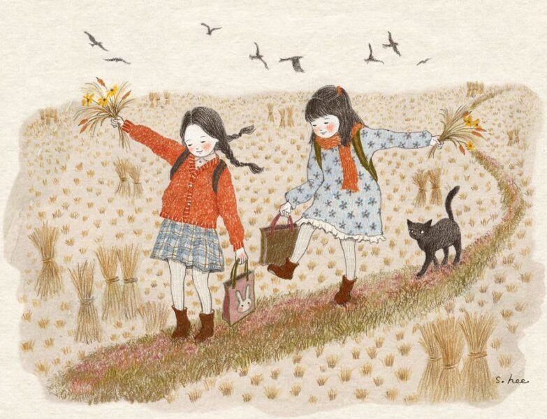 vẽ tranh tự do chọn đề tài hai chị em đi dạo trên cánh đồng lúa