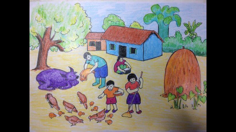 vẽ đề tài tự chọn đơn giản về cuộc sống người dân nông thôn