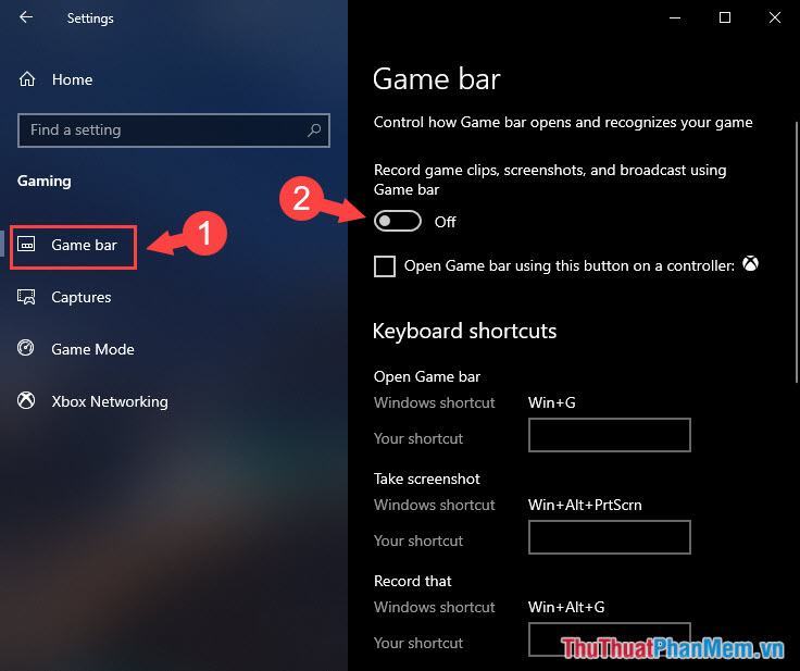 Chuyển Record Game Clip Screenshot và Play with Game Bar sang On