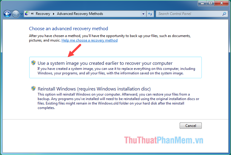 Chọn Sử dụng hình ảnh hệ thống bạn đã tạo trước đó để khôi phục máy tính hoặc Cài đặt lại Windows