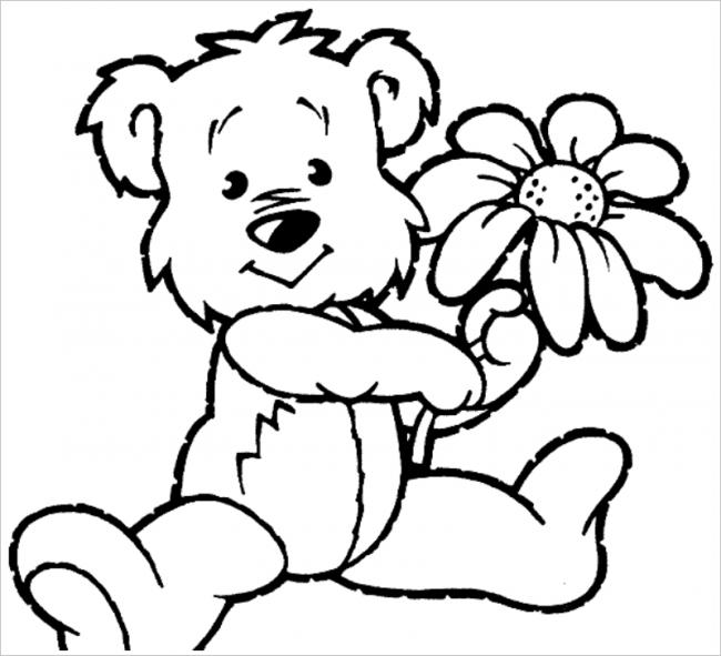 Tranh tô màu con gấu ôm bông hoa