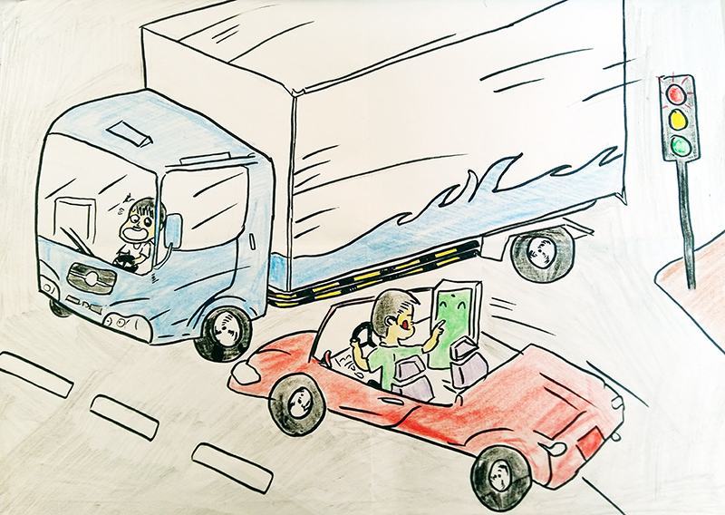 Một bức tranh về chủ đề ô tô an toàn giao thông