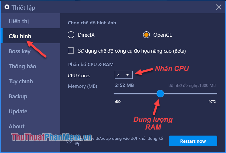 Vào Cấu hình, chỉnh hệ số nhân CPU và dung lượng RAM