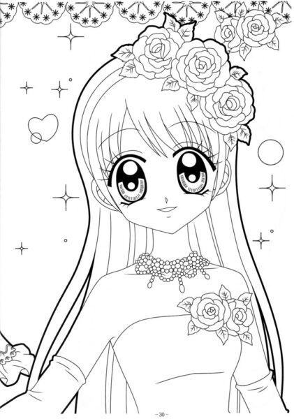 Tranh tô màu anime mặc váy xinh như cô dâu