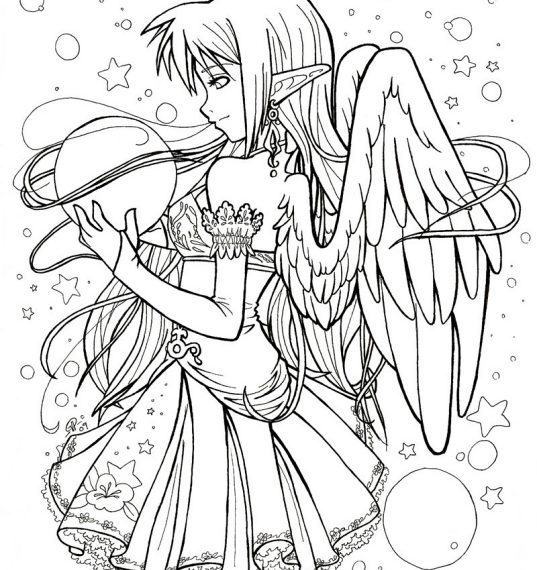 Tranh tô màu anime và đôi cánh thiên thần