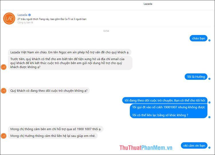 Inbox chat giữa bạn và nhân viên hỗ trợ Lazada