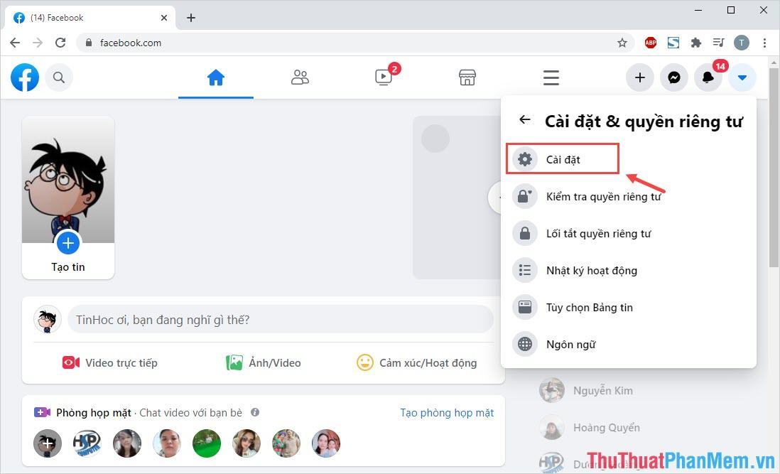 Chọn Cài đặt để đổi tên trên Facebook