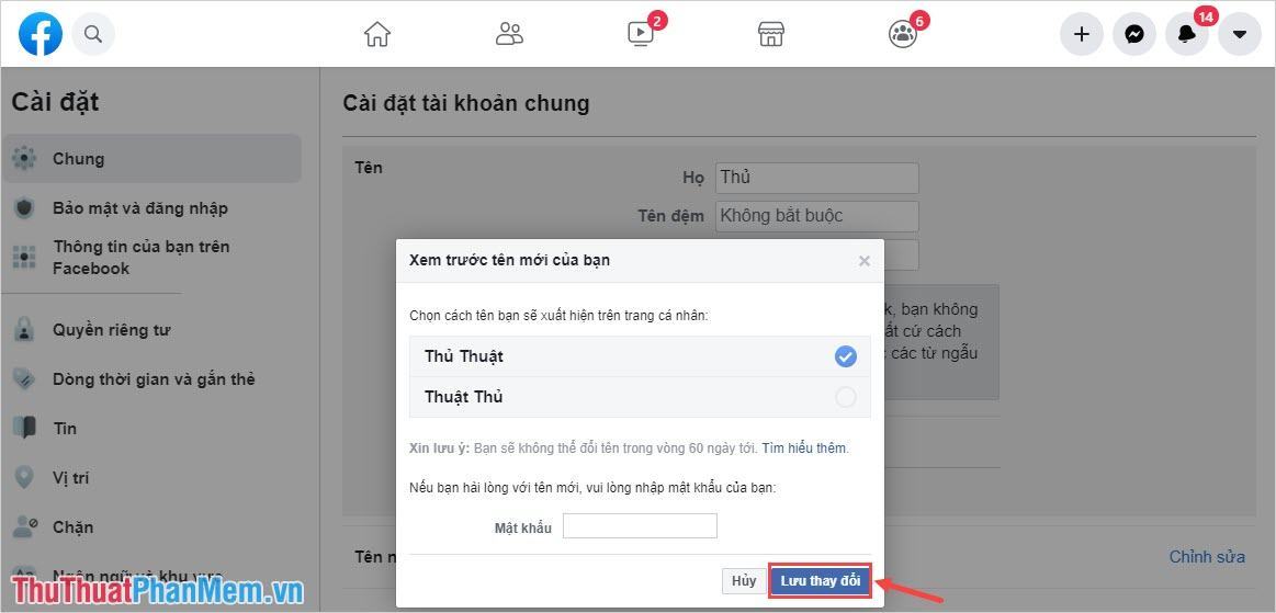 Chọn cách sắp xếp tên hiển thị và nhập mật khẩu để hoàn tất việc đổi tên Facebook