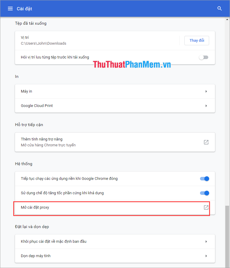 Chọn Mở cài đặt proxy