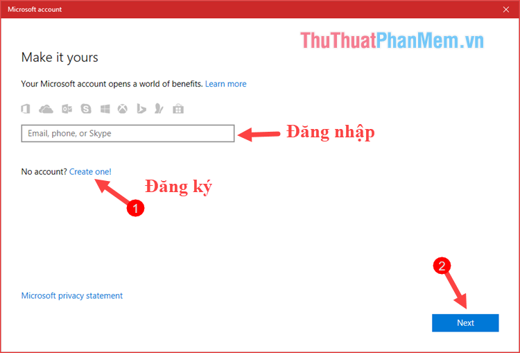 Nhấp vào Tạo một rồi nhấp vào Tiếp theo để tạo tài khoản Microsoft