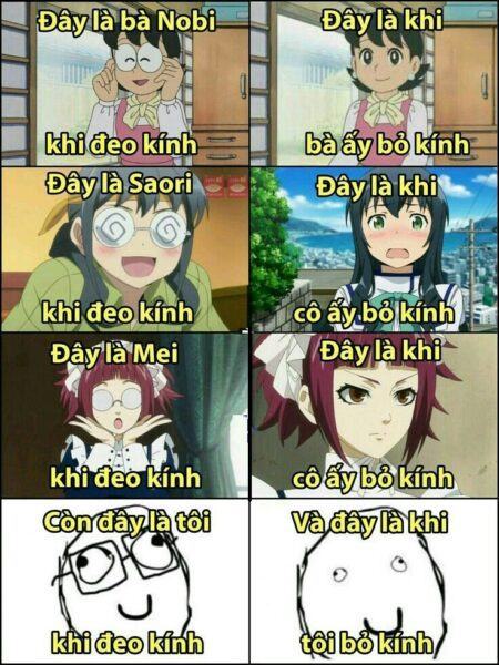 Ảnh anime hài hước troll sự khác biệt giữa đeo và tháo kính