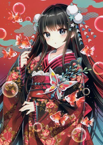 Hình ảnh anime công chúa Nhật Bản mặc kimono