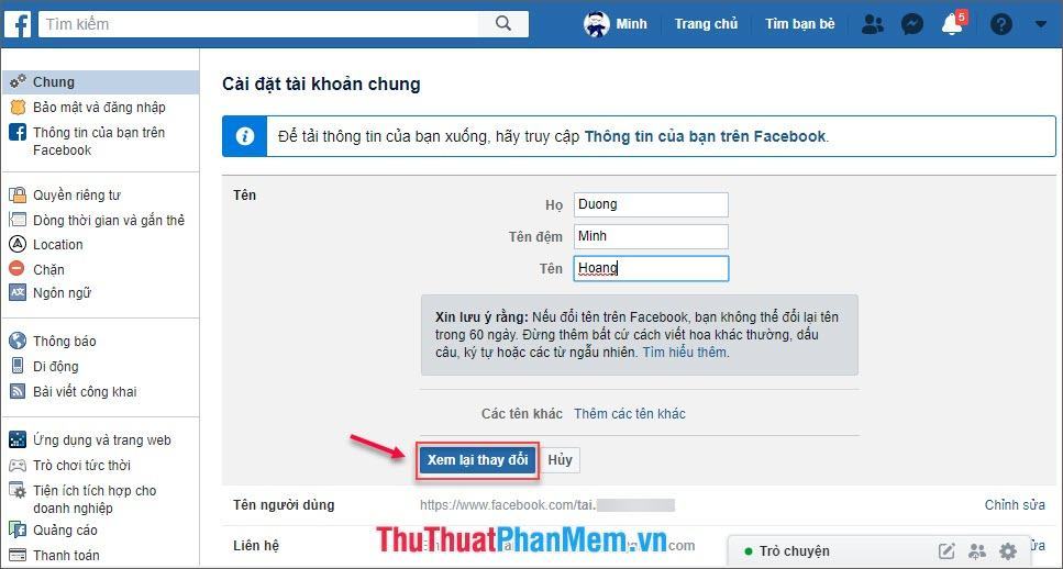 Sau khi chọn tên ưng ý - bấm Xem lại thay đổi