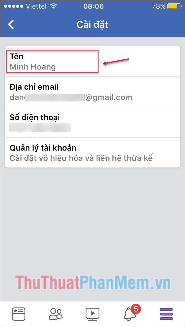 Để thay đổi tên, bấm vào mục Tên