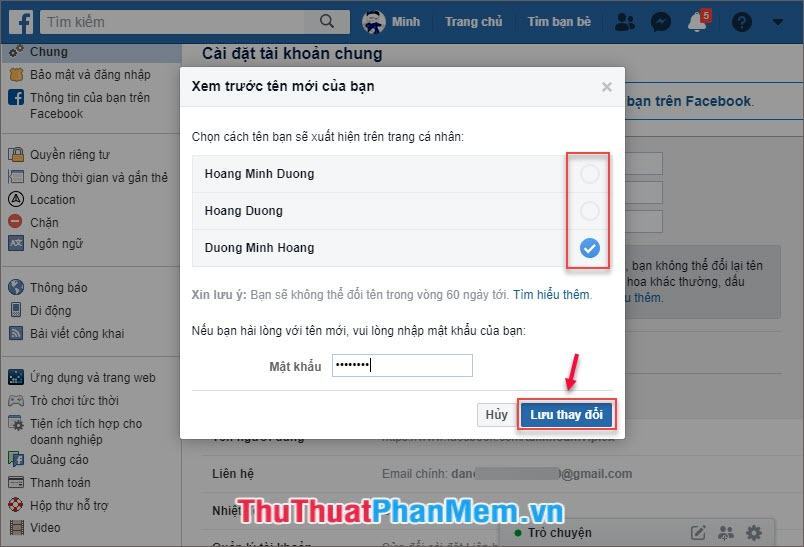 Chọn tên hiển thị và nhập mật khẩu đăng nhập Facebook của bạn