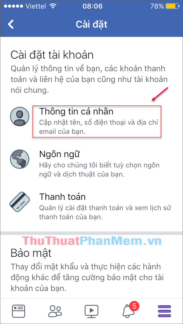 Trong menu Cài đặt, chọn mục Thông tin cá nhân