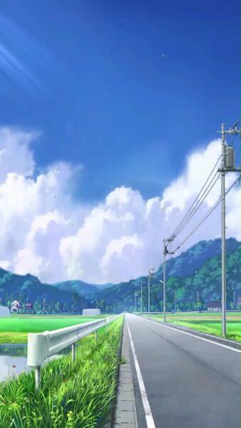 Ảnh anime về con đường trải nhựa, hai bên là đồng cỏ, bầu trời xanh
