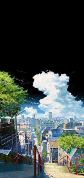 Hình ảnh anime về phong cảnh con đường, những đám mây và bầu trời đen