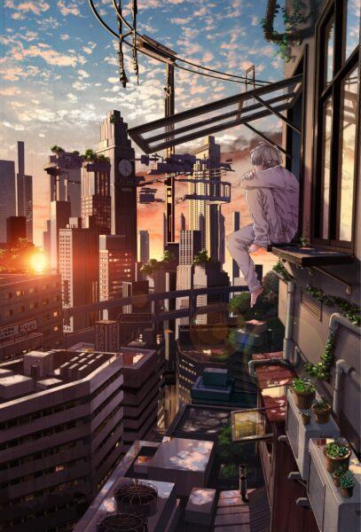 Hình ảnh anime phong cảnh thành phố hiện đại lúc hoàng hôn