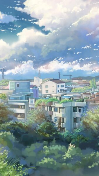 Hình nền anime cảnh quan khu dân cư và bầu trời xanh