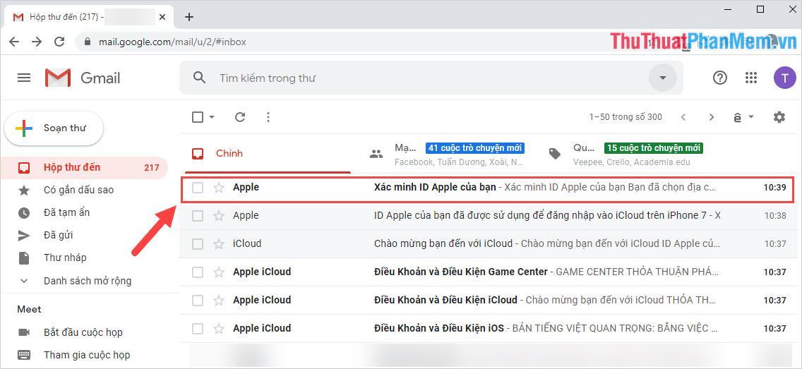 Vui lòng truy cập địa chỉ Email, hộp thư của bạn để kiểm tra thư đến từ Apple