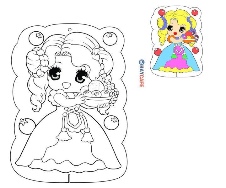 chibi princess coloring page with pattern for kids
