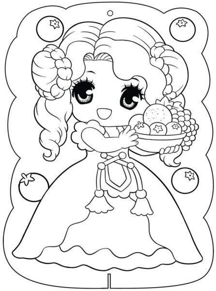 Coloring picture of Princess Chibi holding a fruit plate in her hand