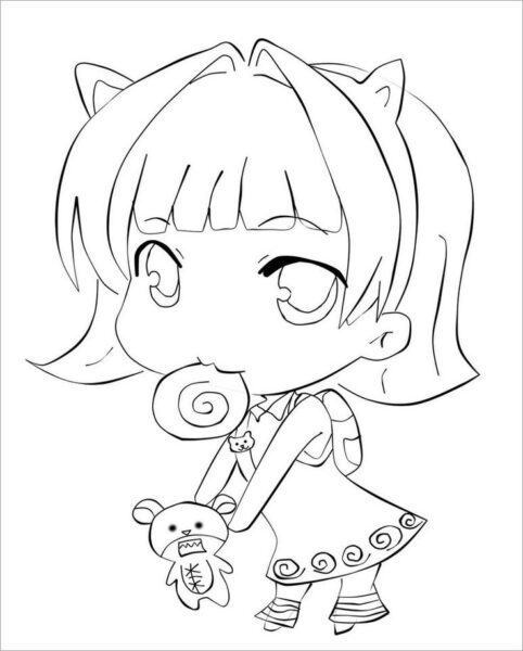 Coloring picture of Princess Chibi holding a doll