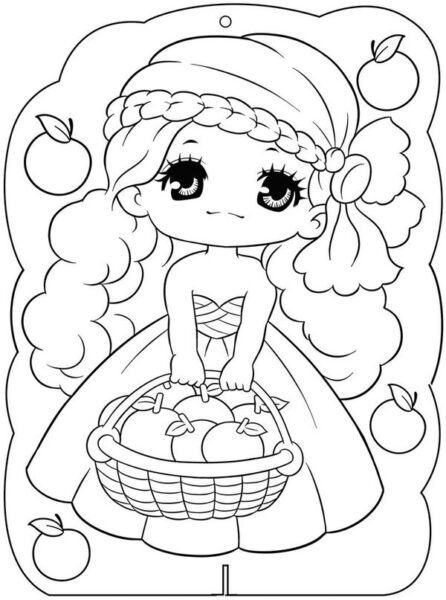 Coloring picture of Princess Chibi holding a fruit basket
