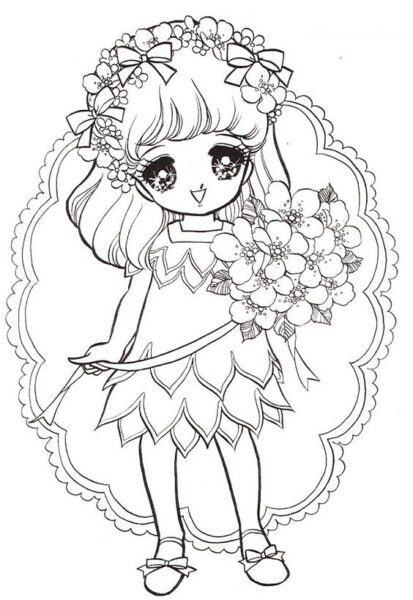 Coloring picture of Princess Chibi holding flowers