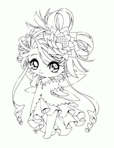 Chibi princess coloring page with flower bow