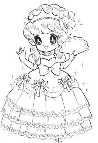 Coloring picture of Princess Chibi holding a fan