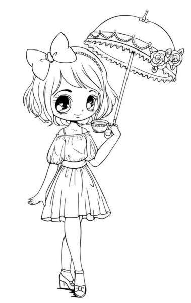 Coloring picture of Princess Chibi covering an umbrella