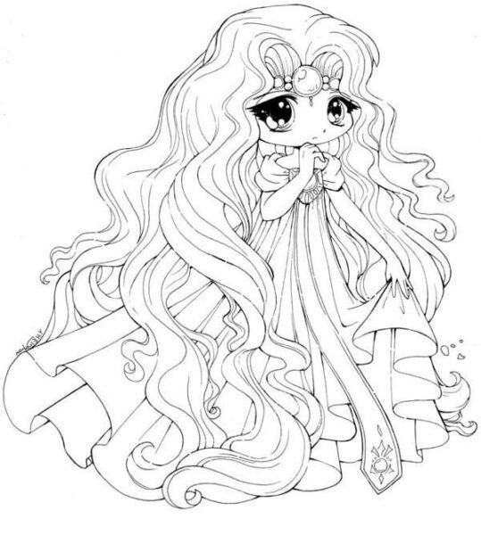 Cute Chibi princess coloring page with long hair