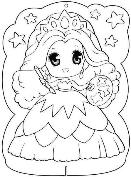Coloring picture of Princess Chibi holding a pen