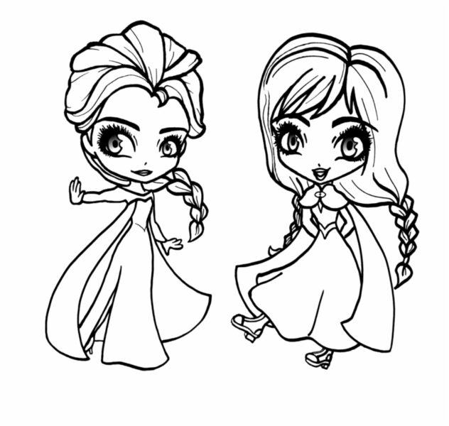 Princess Chibi Elsa and Anna Coloring Page