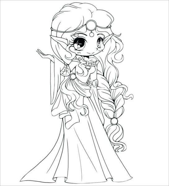 Coloring picture of Princess Chibi wearing a beautiful dress