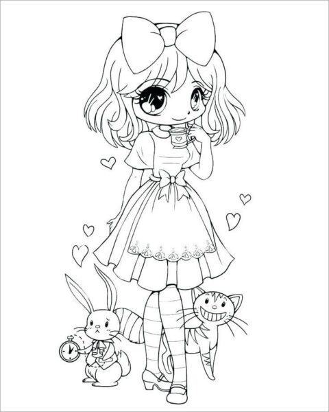 Coloring picture of Princess Chibi and two cats