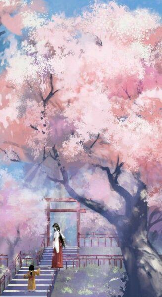Hình ảnh cánh cổng và hoa anh đào anime