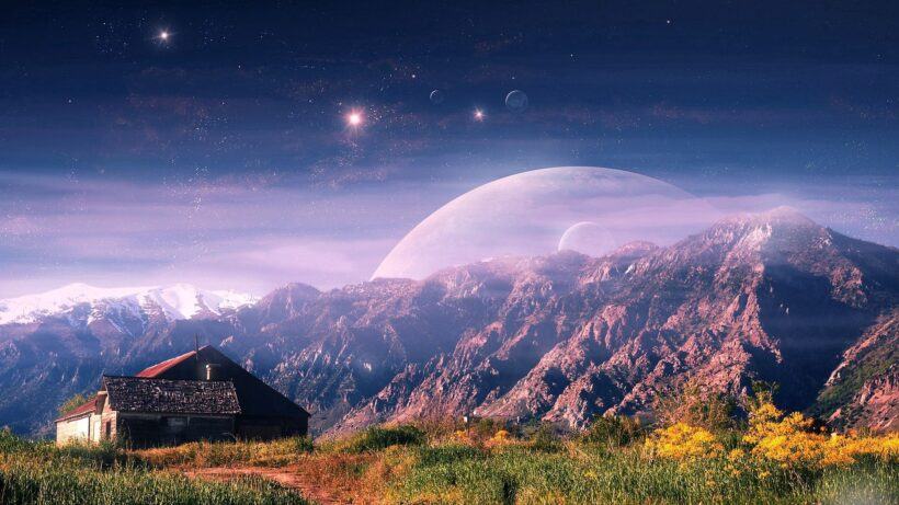 Cảnh đẹp 3D của ngôi nhà trên núi và bầu trời thiên hà vũ trụ