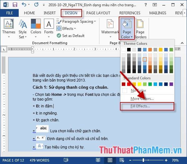 Chuyển đến tab Thiết kế - Màu trang - Hiệu ứng tô...