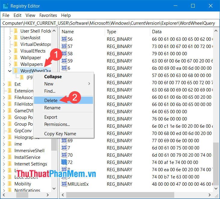 Nhấp chuột phải vào mục nhập WordWheelQuery và chọn Xóa