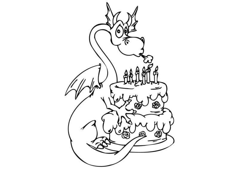 Tranh tô màu bánh sinh nhật rồng ôm