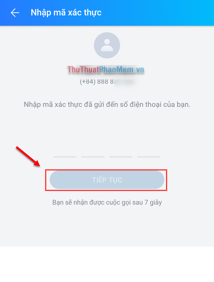 Nhập mã mà Zalo gửi và nhấn Tiếp tục