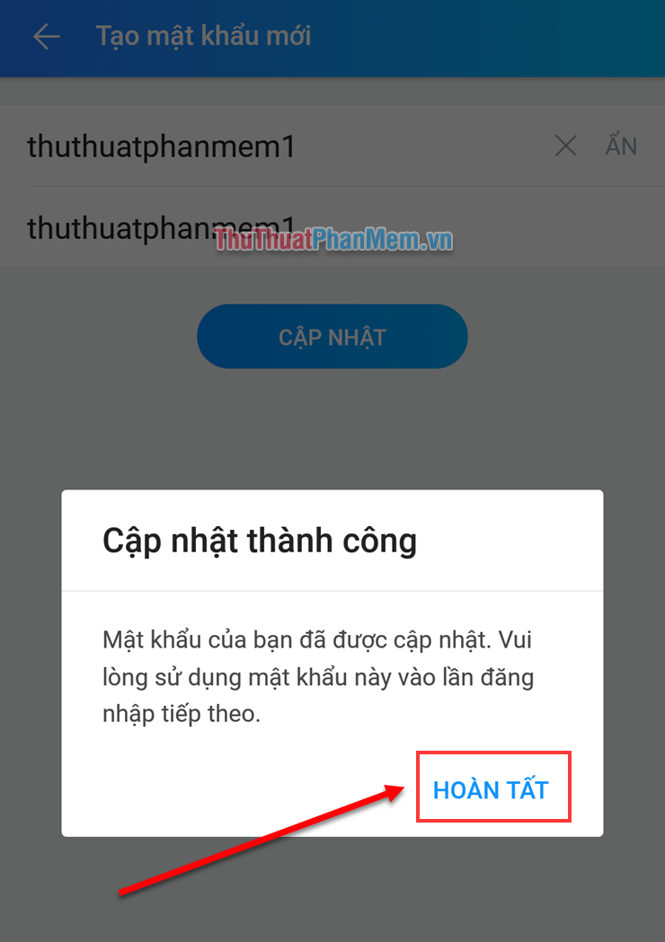 Tin nhắn Đã cập nhật thành công - chọn Xong