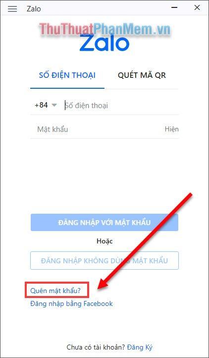 Chọn Quên mật khẩu?  ở góc dưới cùng của ứng dụng