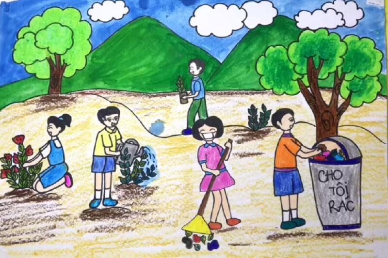 Vẽ tranh về chủ đề khuyến khích học sinh bỏ rác đúng nơi quy định